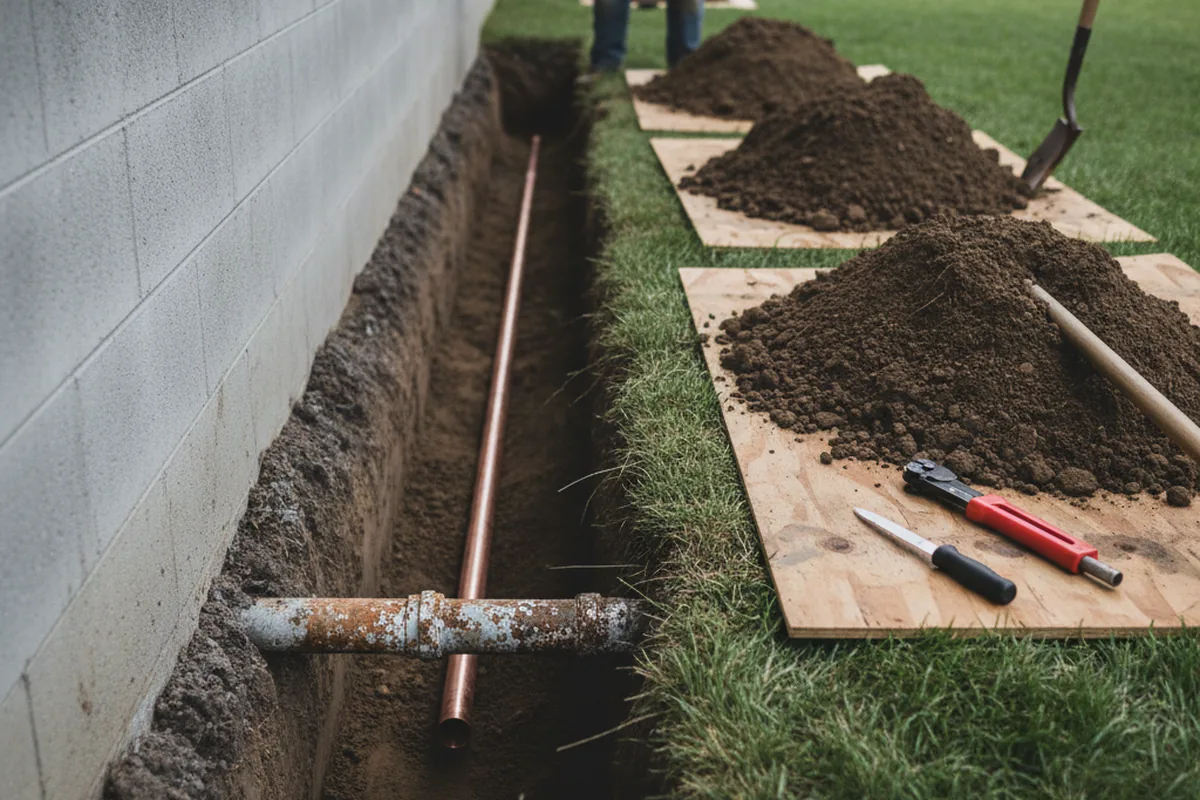 Excavated water line trench during Sewer Line Repair in Prentiss